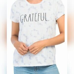 Rae Dunn Tie-dye Tee Shirt GRATEFUL Sz Medium Short Sleeve Top Peach Gray NEW